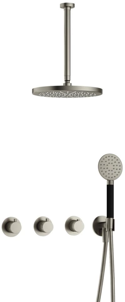 Hotbath Cobber IBS70 inbouw regendoucheset met ronde handdouche aan houder en 30cm ronde hoofddouche aan 30cm plafondarm geborsteld nikkel