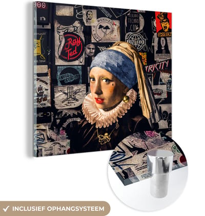 MuchoWow® Glasschilderij 50x50 cm - Schilderij acrylglas - Meisje met de parel - Tattoo - Vermeer - Foto op glas - Schilderijen
