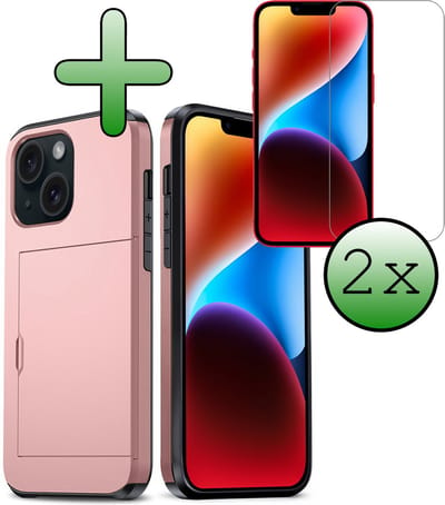 Hoes Geschikt voor iPhone 14 Hoesje Hard Case Met Pas Houder Met 2x Screenprotector - Hoesje Geschikt voor iPhone 14 Hoes Shockproof Hard Cover Met Kaarthouder - Rosé goud