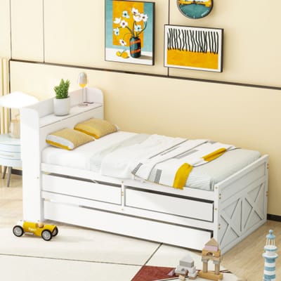 Eenpersoonsbed Massief Hout 90x190 cm, Multifunctioneel Bed met Uittrekbare Lade, Lattenbodem en Nachtkastje met USB-poort – Jeugdbed / Logeerbed, Wit