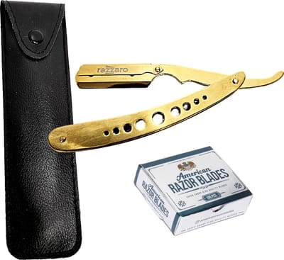 Razzaro Razor + 100 American Scheermesjes | Klassiek Scheermes | Nat scheren | Kappers mes | Goud