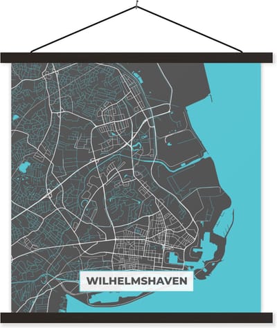 Posterhanger incl. Poster 60x60 cm - Schoolplaat - Blauw – Duitsland – Plattegrond – Stadskaart – Kaart – Wilhelmshaven - Textielposter - Zwarte latten - Stadskaart