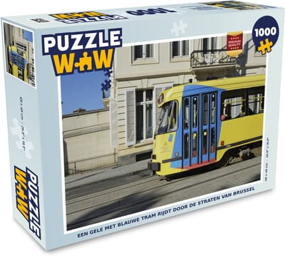 Puzzel Een gele met blauwe tram rijdt door de straten van Brussel - Legpuzzel - Puzzel 1000 stukjes volwassenen