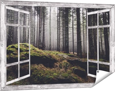 Gards Tuinposter Doorkijk Bos met Mos op Rotsen - 120x80 cm - Tuindoek - Tuindecoratie - Wanddecoratie buiten - Tuinschilderij