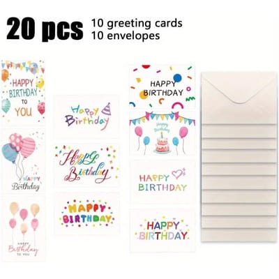1 ensemble/20 cartes de vœux d'anniversaire en anglais, vœux simples de joyeux anniversaire, 10 cartes de vœux, 10 enveloppes, cartes de décoration de fête 20pcs white