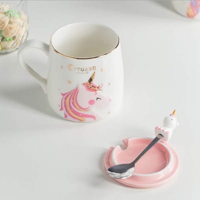 Schattige keramische eenhoorn mok met lepel, ideaal voor koffie, thee en melk, cadeau voor meisjes en eenhoornliefhebbers, 380 ml