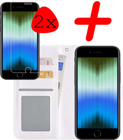 Hoesje Met 2x Screenprotector - Geschikt voor Apple iPhone SE (2022) - Luxe Pasjeshouder - Bookcase Portemonee - Flip Case - Kunstleer Book Case - Flipcase Hoes - Book Cover - Walletcase - Portemonneehoes - Wit