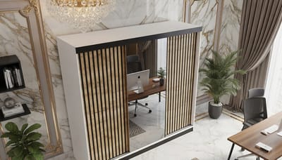 Kledingkast met Spiegel – Casa Velluto Aurelio Deluxe Schuifdeurkast 200 cm – Moderne Garderobekast met Schuifdeuren – Slaapkamerkast Wit & Eiken Goud – 200x205x59 cm