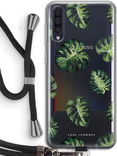 Case Company® - Hoesje met koord geschikt voor Samsung Galaxy A50 hoesje met Koord - Tropische bladeren - Telefoonhoesje met Zwart Koord - Bescherming aan alle Kanten en Over de Schermrand
