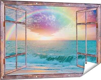Gards Tuinposter Doorkijk Regenboog in het Water bij het Strand - 120x80 cm - Tuindoek - Tuindecoratie - Wanddecoratie buiten - Tuinschilderij
