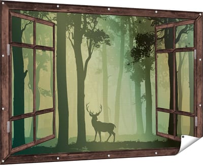 Gards Tuinposter Doorkijk Hert in het Bos - Silhouet - 180x120 cm - Tuindoek - Tuindecoratie - Wanddecoratie buiten - Tuinschilderij