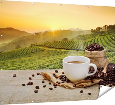 Gards Tuinposter Kopje Koffie op een Plantage Achtergrond6 - 160x120 cm - Tuindoek - Tuindecoratie - Wanddecoratie buiten - Tuinschilderij