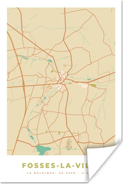Poster Fosses-La-Ville - Stadskaart - Vintage - Plattegrond - Kaart - 120x180 cm XXL
