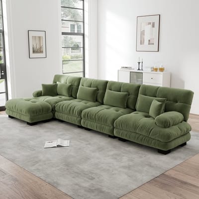MODENUIT Hoekbank 4-Zits - Modulair Met Verplaatsbare Ottoman - Voor Woonkamer En Kantoor - Chenille Groen