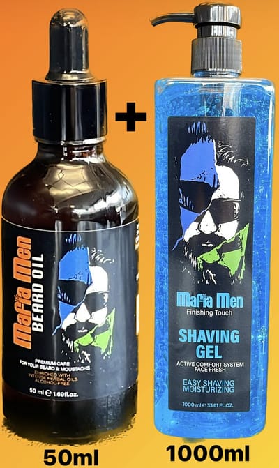 Mafia Men -Baard olie 50ml+ Scheergel Finishing Touch 1000ml blue - blauw- effectief tegen huiduitslag en haaruitval+ Mafia Men Scheergel Finishing Touch 1000 ml / 1 Kg Professioneel en Thuis gebruik