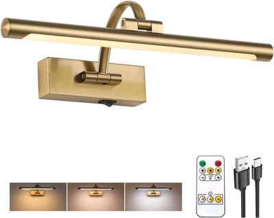Draadloze Oplaadbare Fotolamp – 15.7" Messing – 3CCT Dimbaar – Met Afstandsbediening – Roteerbaar – Kunstlamp voor Schilderijen & Galerij