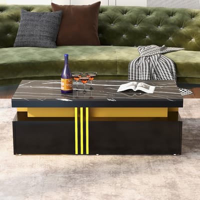 Wishdor modern rechthoekige salontafel 100x50x40 cm - hoogglans marmerblad, 2 lades, zwart met gouden rand