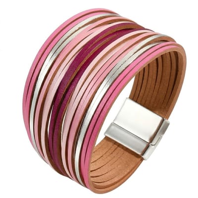 Roze paars bruine leren armband voor dames – brede wikkel armband met zilverkleurige accenten en magnetische sluiting