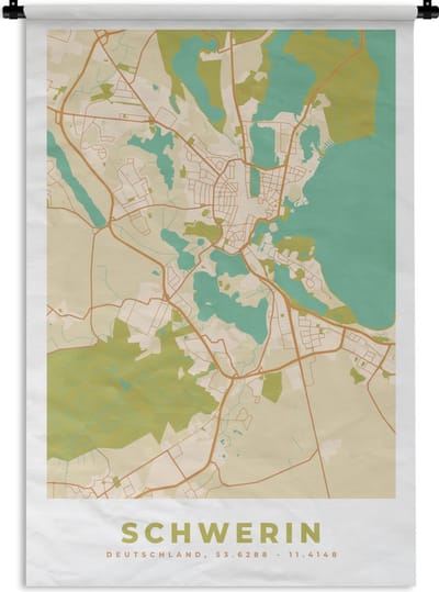Wandkleed - Wanddoek - Vintage - Stadskaart - Schwerin - Plattegrond - Kaart - 120x180 cm - Wandtapijt