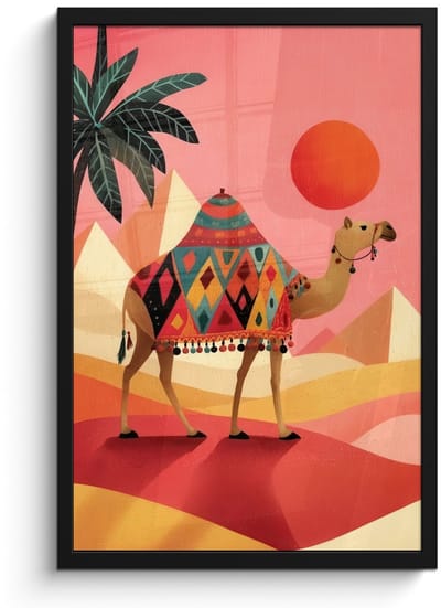 Poster in lijst - Fotolijst 40x60 cm - Posters - Kameel - Pyramides - Rode zon - Posterlijst zwart - Decoratie - Wanddecoratie woonkamer - Muurdecoratie slaapkamer