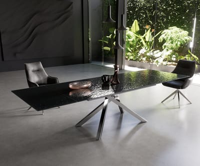 Eetkamertafel Edge Glas smelten rokerig zwart 3D-Relief 200-300x100 kruisframe rechthoek RVS uitschuifbaar