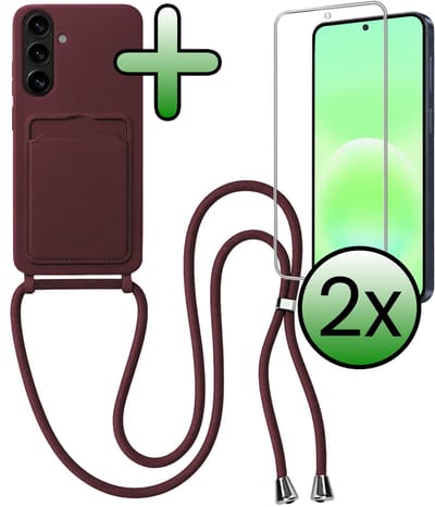 Hoes Geschikt voor Samsung A57 Hoesje Met Koord Met 2x Screenprotector - Telefoonhoesje Geschikt voor Samsung Galaxy A57 Backcover Met Afneembaar Koord - Aubergine