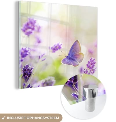 MuchoWow® Glasschilderij 90x90 cm - Schilderij acrylglas - Lavendel - Vlinder - Bloemen - Foto op glas - Schilderijen