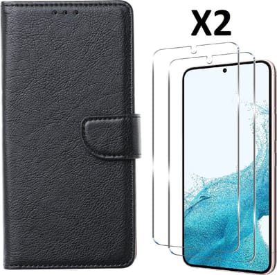 Hoesje Geschikt Voor Samsung Galaxy S23 Plus Hoesje met Pasjeshouder - bookcase – Met 2x Screenprotector / gehard glas – Zwart