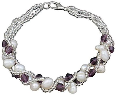 Zoetwater parel armband Pearl Crystal Purple - echte parels - wit - paars - zilver - luxe sieraden zakje - parel armband dames - zoetwaterparel