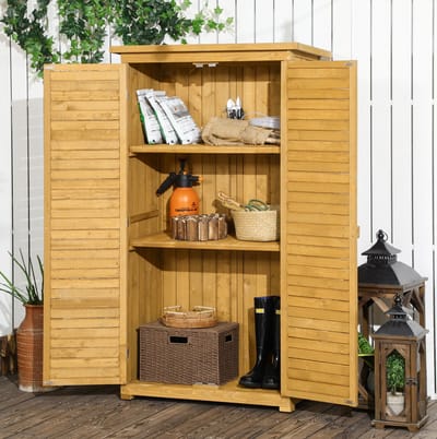 MEUNIQ tuinkast van hout 87 x 46,5 x 160 cm met 3 planken, 2 lameldeuren en schuin dak, opbergkast voor tuingereedschap en accessoires in de tuin, naturel