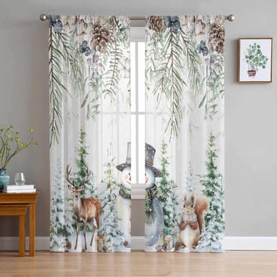 Kerst Sneeuwpop Bes Den Eekhoorn Transparante Gordijnen voor Woonkamer Decoratie Raamgordijnen Keuken Tule Voile Gordijnen W135 x H115cm x1 white