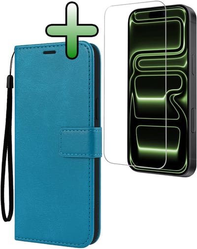 Hoesje Met Screenprotector - Geschikt voor Apple iPhone 17 Pro - Luxe Pasjeshouder - Bookcase Portemonee - Flip Case - Kunstleer Book Case - Flipcase - Book Cover - Walletcase - Portemonneehoes - Turquoise