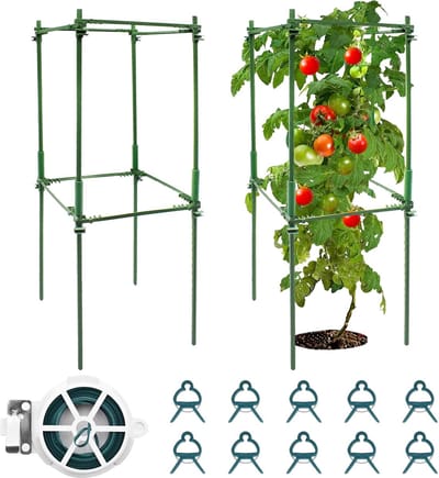 Famanu – Verstelbare tomatenklimhulp set, 2 stuks tomatentorens van 80 cm met plantenclips voor klimplanten