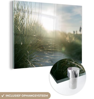 MuchoWow® Glasschilderij 160x120 cm - Schilderij acrylglas - Strand - Duin - Zon - Foto op glas - Muurdecoratie woonkamer - Wanddecoratie slaapkamer - Schilderijen