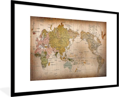 Poster in lijst - Fotolijst 90x60 cm - Posters - Klassieke wereldkaart de verspreiding van mensenrassen - Posterlijst zwart - Decoratie - Wanddecoratie woonkamer - Muurdecoratie slaapkamer