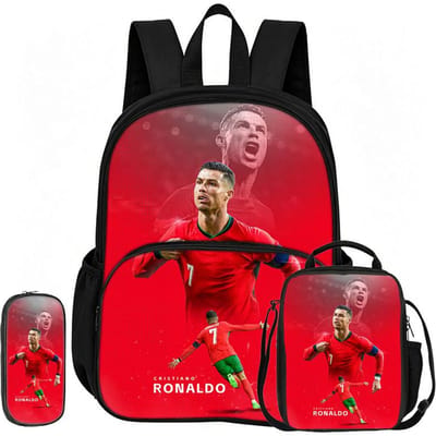 Leer, Reizen Voetbalster Schooltas Ronaldo 3 Delige set met Voorvak Rugzak Lunchtas, Etui, Sportrugzak black