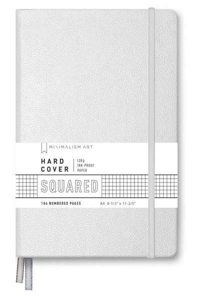 Premium notitieboek harde kaft A4 21x29 cm - X-Large formaat 186 pagina's - extra dik papier 120 g/m² - vierkant ruitjes - wit