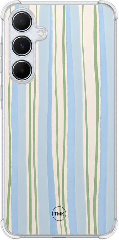 Shockproof hoesje geschikt voor Samsung Galaxy A55 - Pastelblauwe strepen - Schokbestendig - Verhoogde randen - TPU case - Extra Sterke Back Cover - Gestreept - Transparant, Blauw