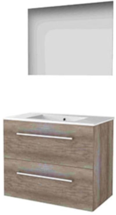 Basic-Line Ultimate 46 Badkamermeubelset - 80 x 46 cm - Met Grepen - 2 Lades - Keramische Wastafel - 1 Kraangat - Spiegel met Indirecte LED Verlichting - Scotch Oak