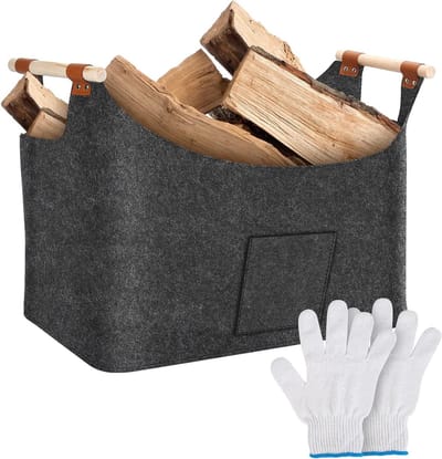 Haardhoutopslag - Houten mand XXL - extra dikke vilten haarhoutmand - brandhoutmand met handgrepen - opvouwbare houten mand - vilten tas - 55 x 32 x 40 cm