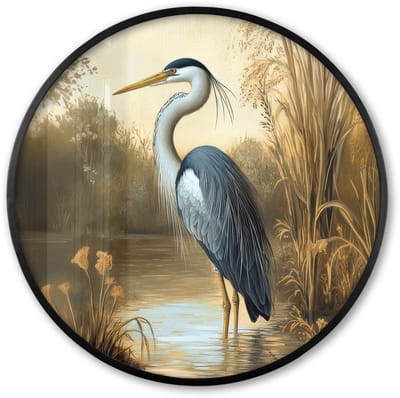 Poster in lijst Rond - Fotolijst 60x60 cm - Posters - Reiger - Water - Planten - Ronde posterlijst zwart - Decoratie - Wanddecoratie woonkamer - Muurdecoratie slaapkamer