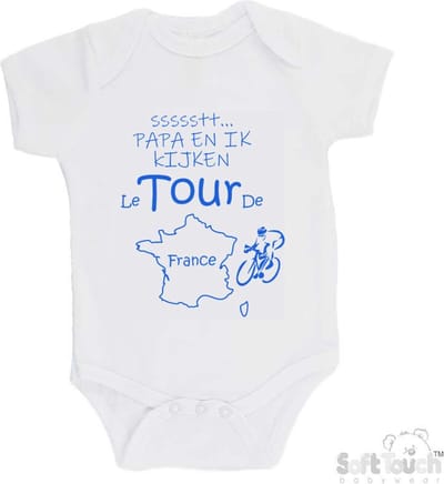 100% katoenen Romper "ssssstt... Papa en ik kijken Le Tour De France" Wielrennen Papa Vaderdag Katoen Wit/blauw Maat 56/62