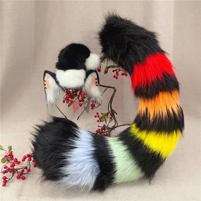 Nouvelle Oreilles de Chat Noir Faits Main Bandeau Headwear Collier Queue Arc-en-ciel à Choisir Accessoires de Costume Sur Mesure One Size