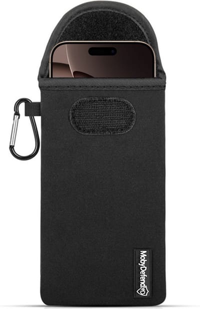 MobyDefend Hoesje - Geschikt voor iPhone 16 Pro Max - Neopreen Pouch Met Karabijnhaak - Insteek - Riemlus - Zwart