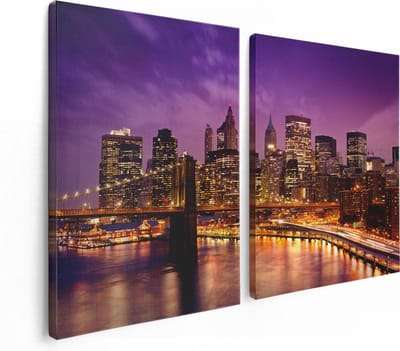 Artaza Canvas Schilderij Tweeluik Skyline New York Van Centrum In Het Paars - 120x80 - Foto Op Canvas - Canvas Print
