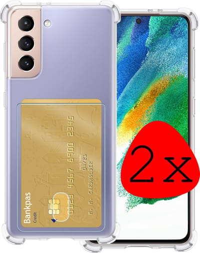Hoesje 2 Stuks - Geschikt voor Samsung Galaxy S21 FE - Met Pashouder en Kaarthouder - Telefoon Hoes Shockproof - Siliconen Case - Back Cover - Shock Proof - Pasjes Houder - Transparant