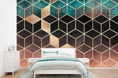 Behang - Fotobehang Abstract - Kubus - Goud - Patronen - Luxe - Breedte 330 cm x hoogte 220 cm