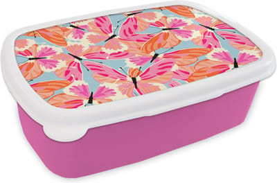 Broodtrommel Roze - Lunchbox - Brooddoos - Vlinders - Vliegen - Patronen - 18x12x6 cm - Kinderen - Meisje
