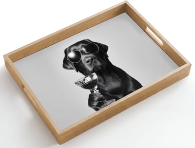 Dienblad hout 50x35 cm - Schootdienblad - Hond - Zwart - Wijnglas - Zonnebril - Borrelplank rechthoek - Plateau dienbladen