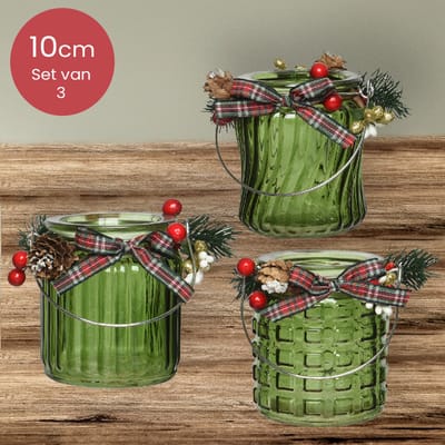 Groene glazen waxinelichthouders met verschillende profielen - Set van 3 - Ø8 x 10 cm - kerstdecoratie - kerst - luxe theelichthouder - voor kaarsjes
